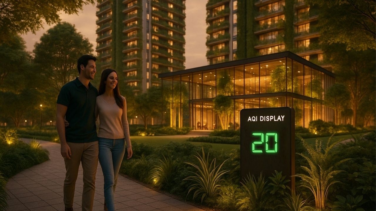 AQI display board showing AQI level of 20 with couple walking through gardens at Forbes Fab Luxe