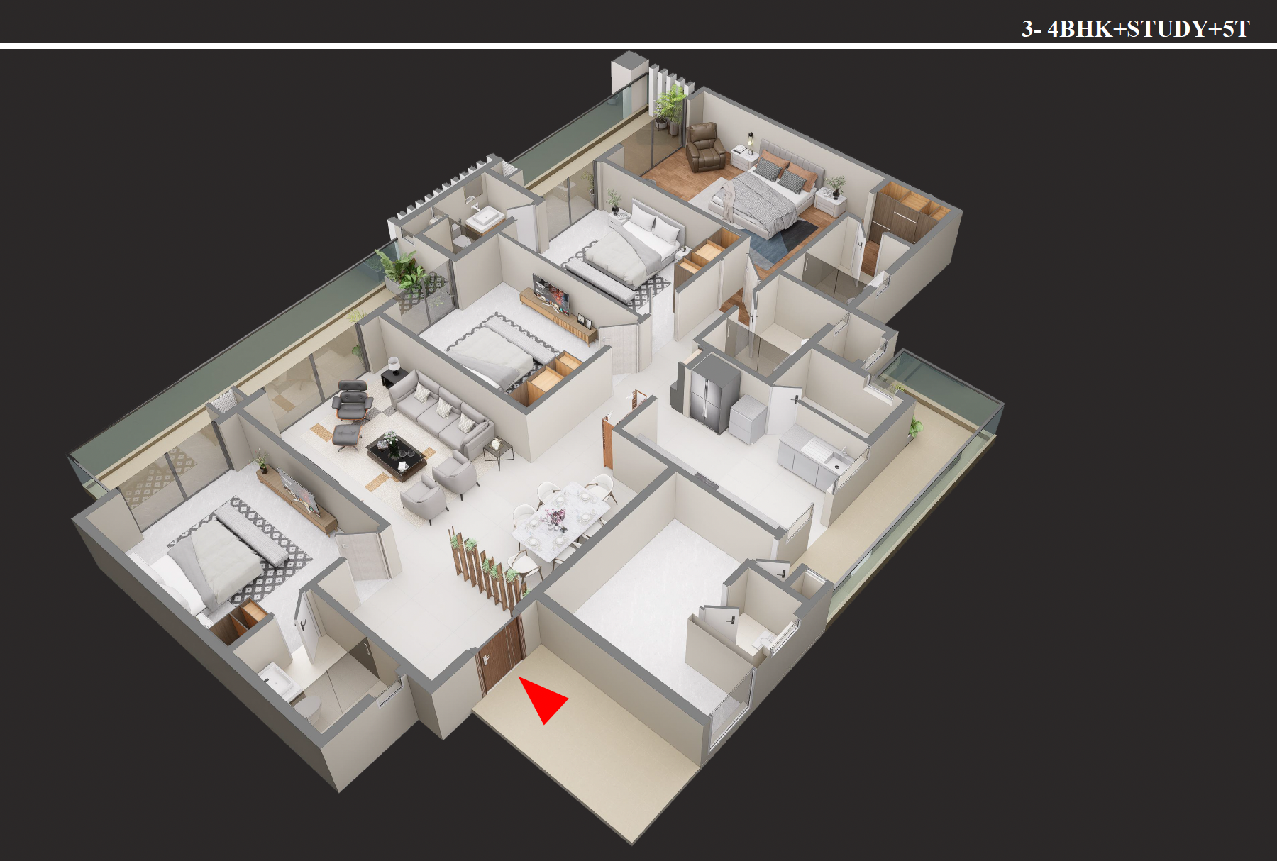4 BHK plus Study floor plan with 5 toilets, 3307 sq ft isometric view