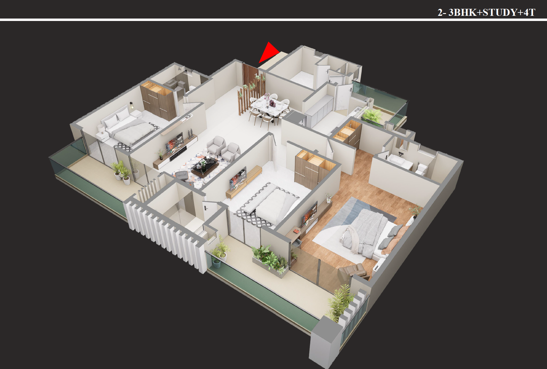 3 BHK plus Study Type 1 floor plan with 4 toilets, 2690 sq ft isometric view