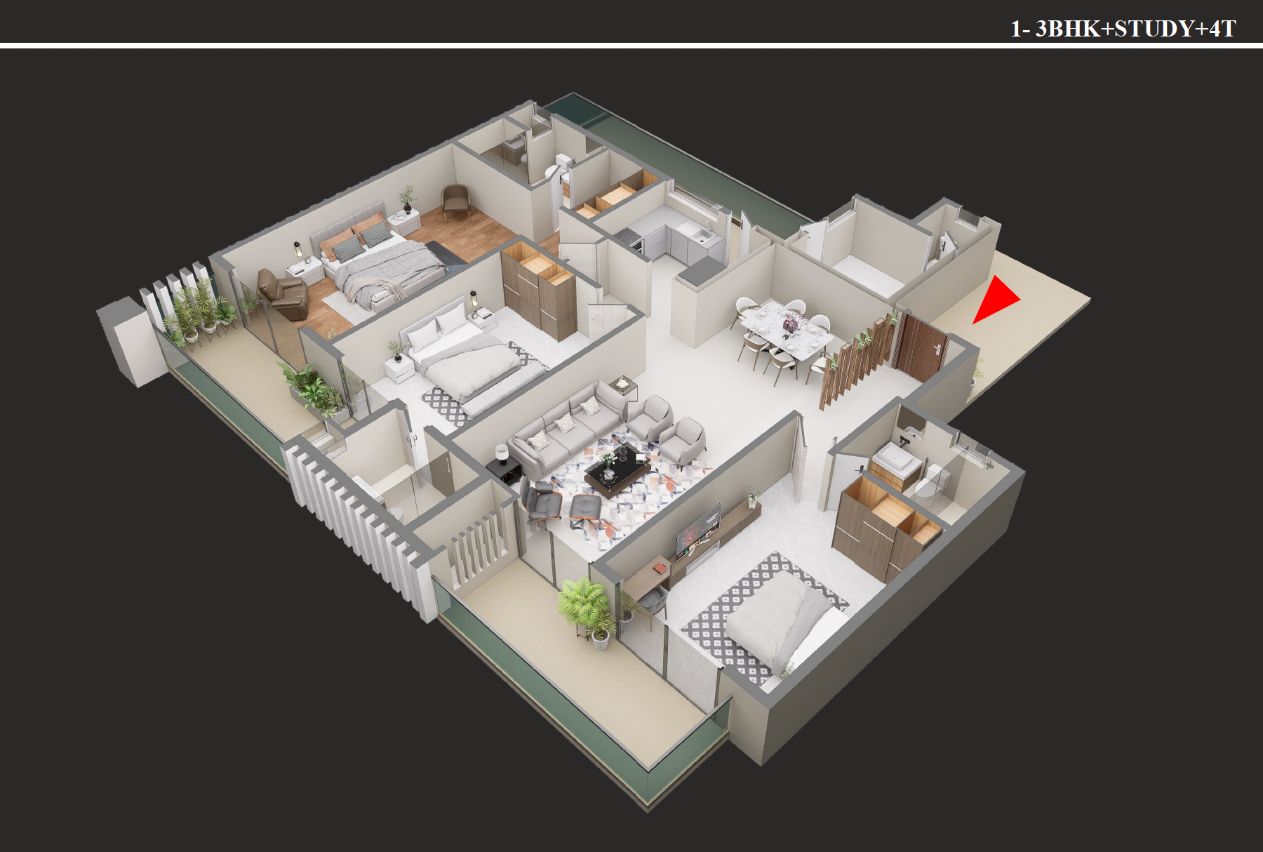 3 BHK plus Study Type 2 floor plan with 4 toilets, 2690 sq ft isometric view