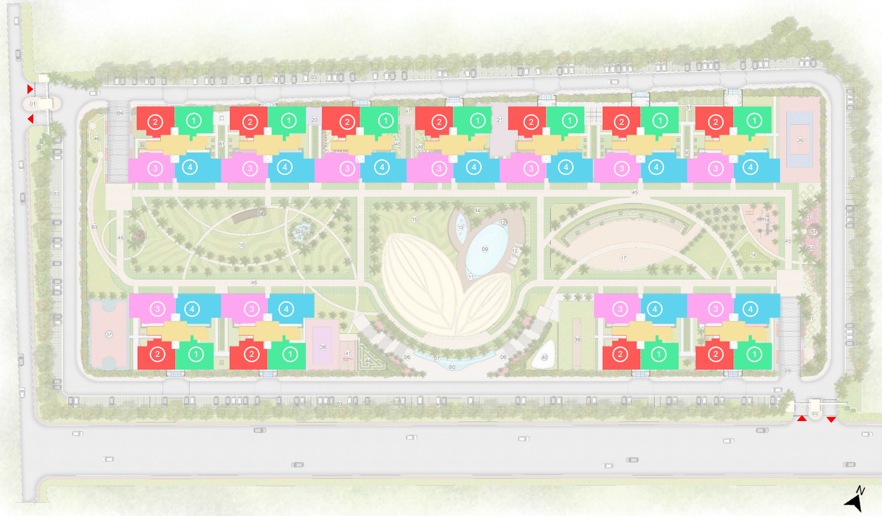 Forbes Fab Luxe Residences color-coded master plan showing 11 towers, butterfly clubhouse, and 64 amenity locations