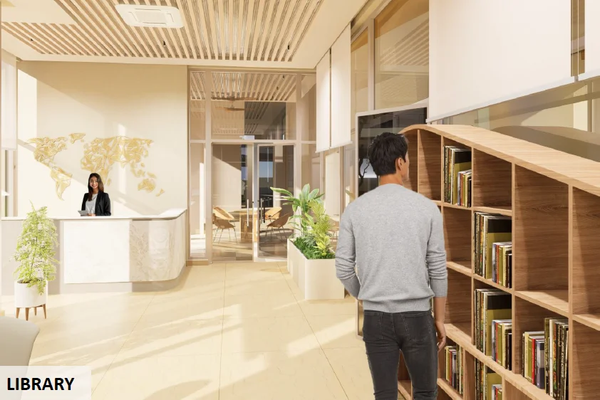 Forbes Fab Luxe library interior with bookshelves