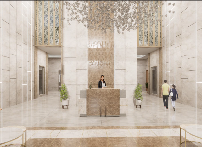 Forbes Fab Luxe grand double-height lobby with marble walls and crystal chandelier