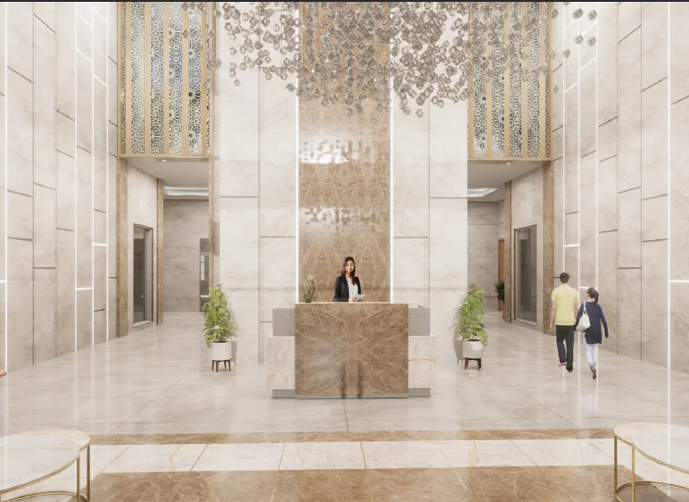Forbes Fab Luxe grand double-height lobby with marble walls and crystal chandelier