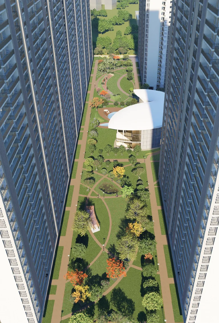 Forbes Fab Luxe Residences — central landscaped corridor at dawn