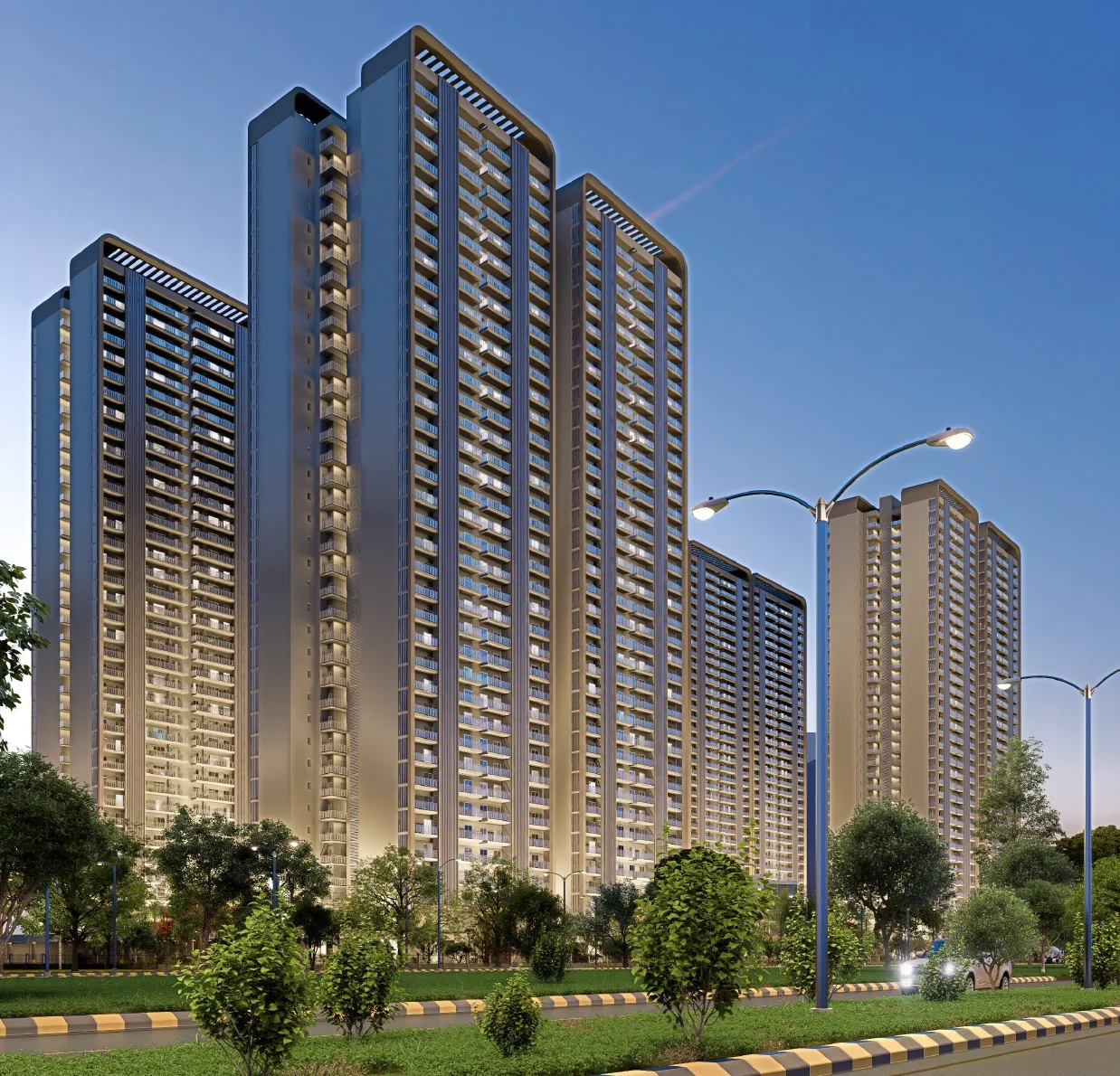 Forbes Fab Luxe towers at twilight with central green and warm lighting